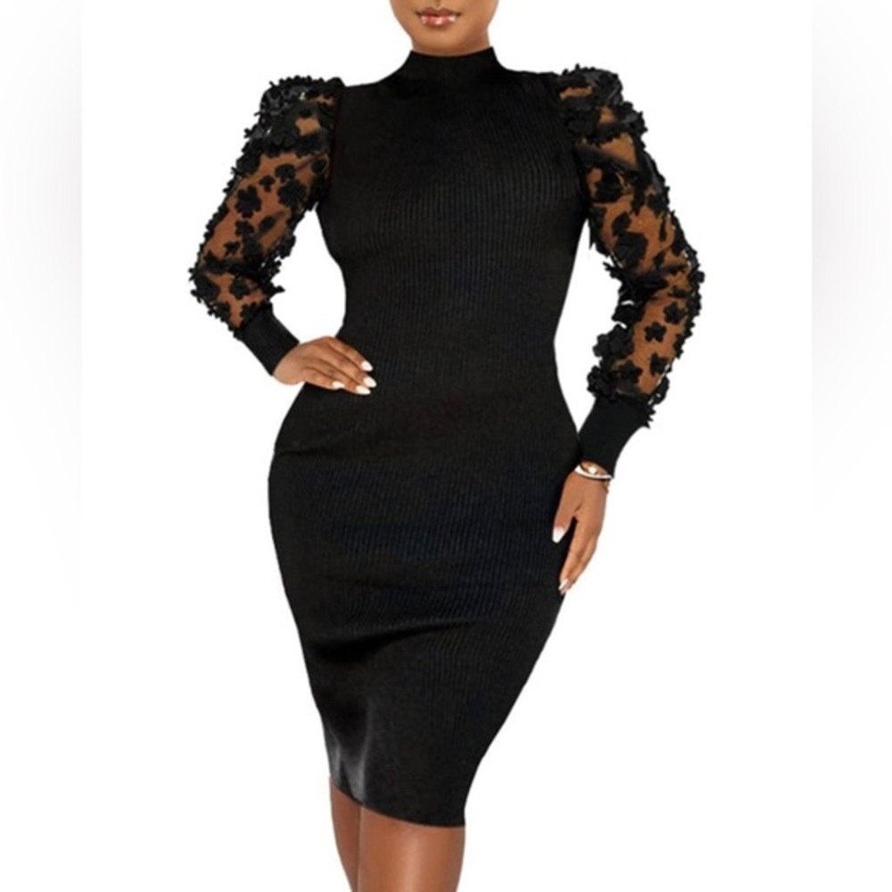 Elegant Black Dress with Sheer Floral Sleeves